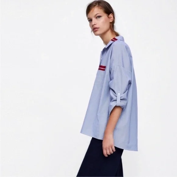 Zara Striped Button Up Shirt with Red Ribbon Accents - Picture 3 of 11